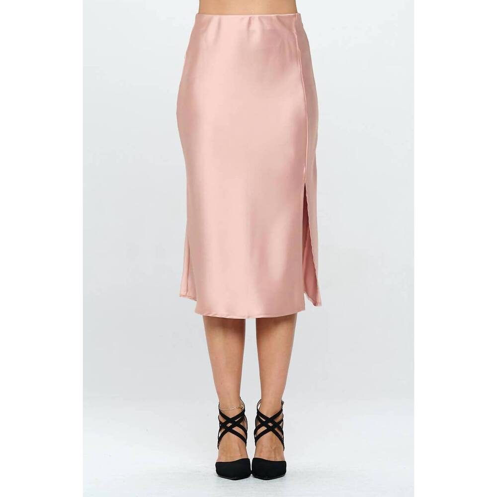 NEW RENEEC. solid satin midi skirt with slit in pink